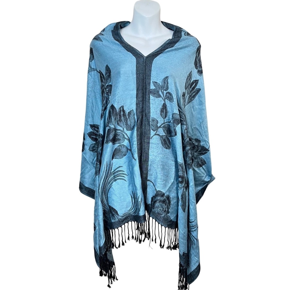 Unbranded Poncho Shawl Women OS Blue Reversible Jacquard Floral Peacock Fringe - Picture 3 of 4